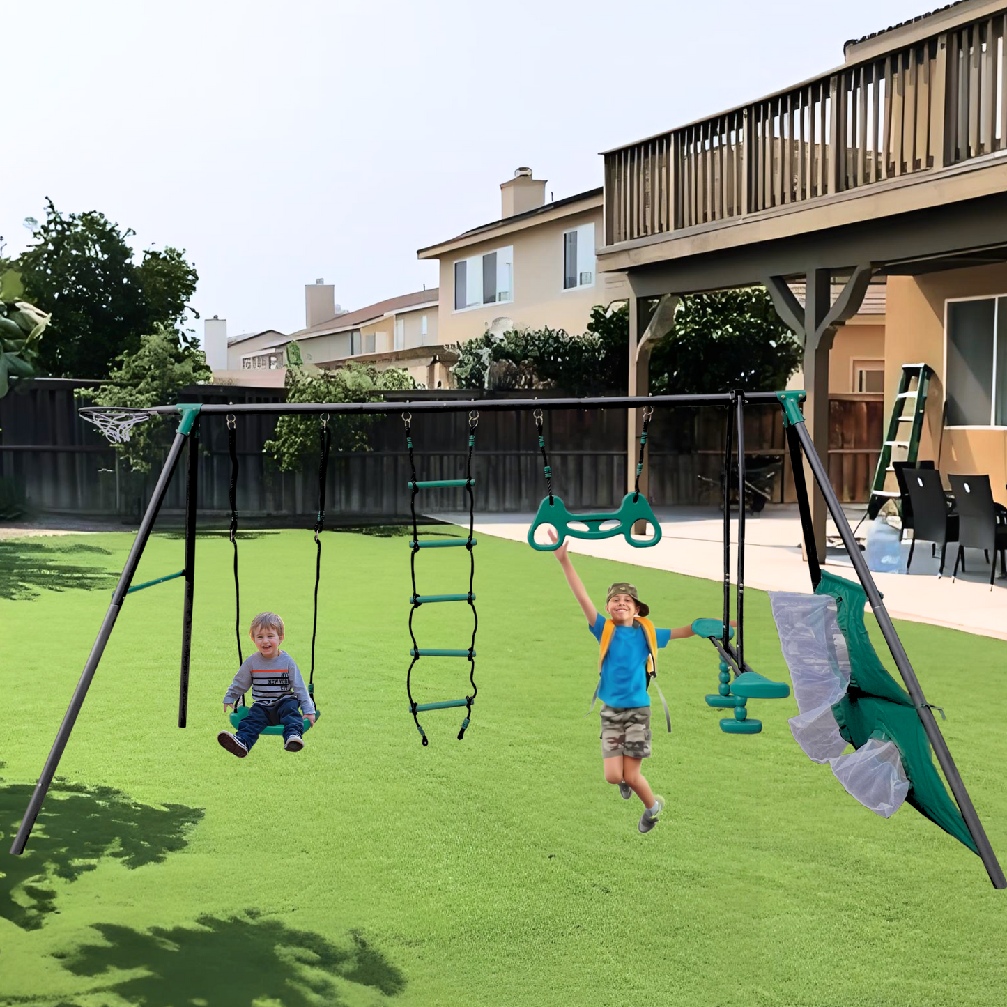 Metal Swing Set for Kids 3-8, Backyard Playground Set with Face-to-face Swings, Hanging Rings, Basketball Stand, Football Nets, Climbing Ladders, Kids Swing Sets for Backyard, 550lbs Capacity, Green