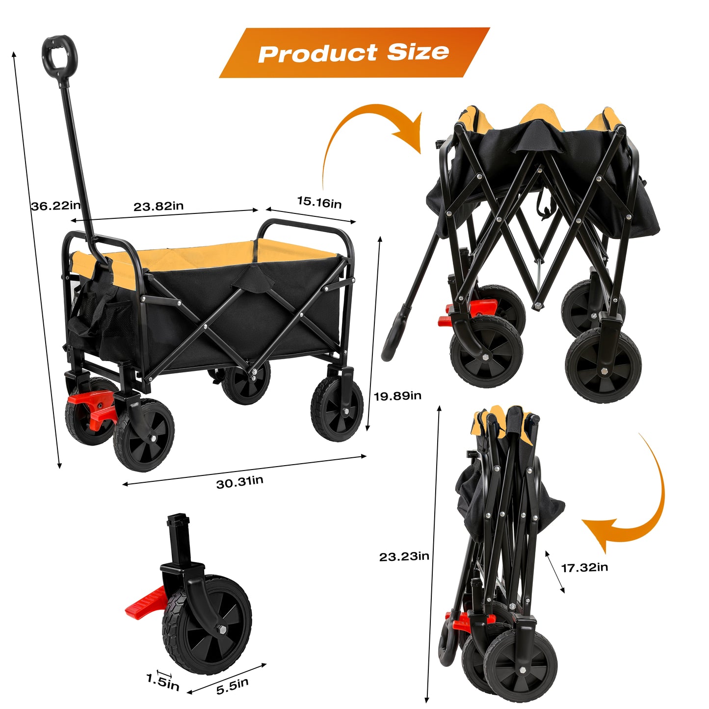 SHINPT Mini Wagon Cart with Wheel Foldable, Folding Wagons Carts with Silent Universal Wheels, Heavy Duty Utility for Shopping Beach Sports Fishing Camping, Orange and Black