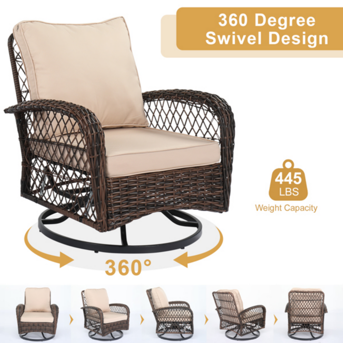 Outdoor Swivel Glider Rocking Chair Set with 360° Rotation, Patio Furniture Set with All-Weather PE Rattan & Plush Cushions for Patio, Porch, Deck