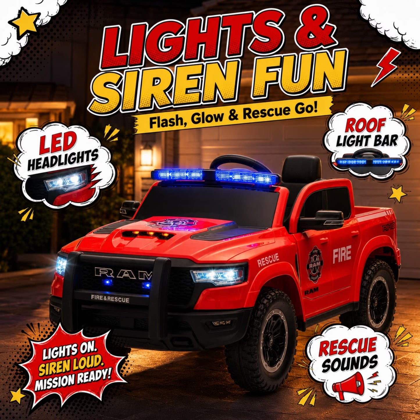 SHINPT Ride on Fire Truck,  RAM1500 12V Electric Fire Truck with Parental Remote, Bluetooth & Siren Lights, 44.49”*26.77”*22.44”Red Kids Ride on Car for Boys Girls Ages 3-8, 36.16lbs