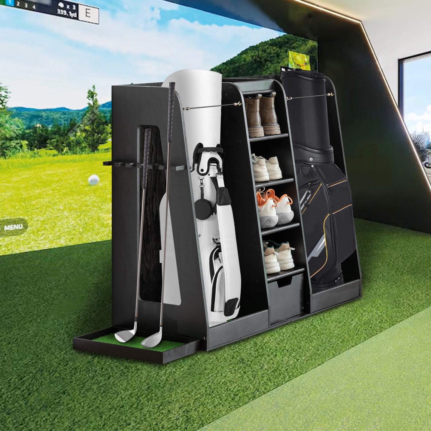 Wooden Golf Bag Organizer and Storage Rack, High Quality Wooden 2 Golf Bag Rack with Drawers, Easy to Assemble Golf Club Holder/Stand with Club Holders on Side,Black