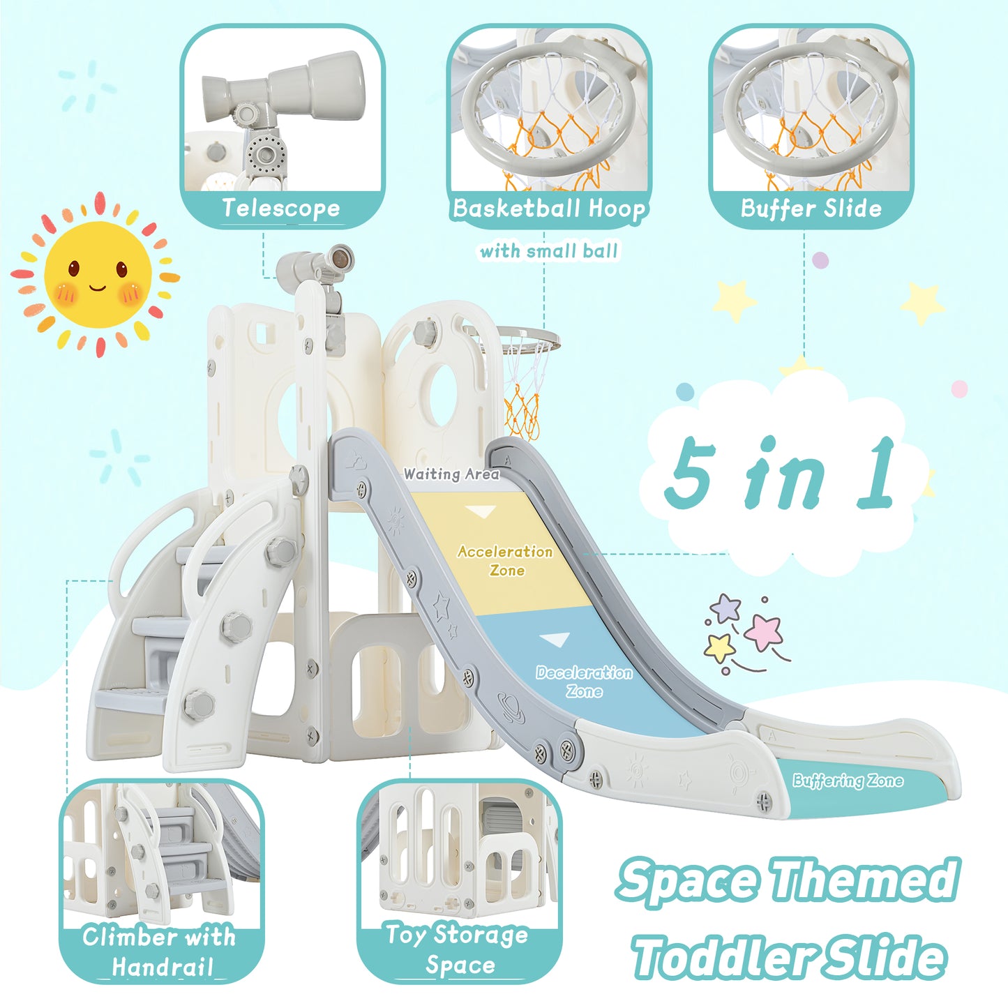 5 in 1 Toddler Slide Set, Freestanding Spaceship Set with Slide, Kids Slide Playset Structure, Telescope and Basketball Hoop, Toy Storage Space