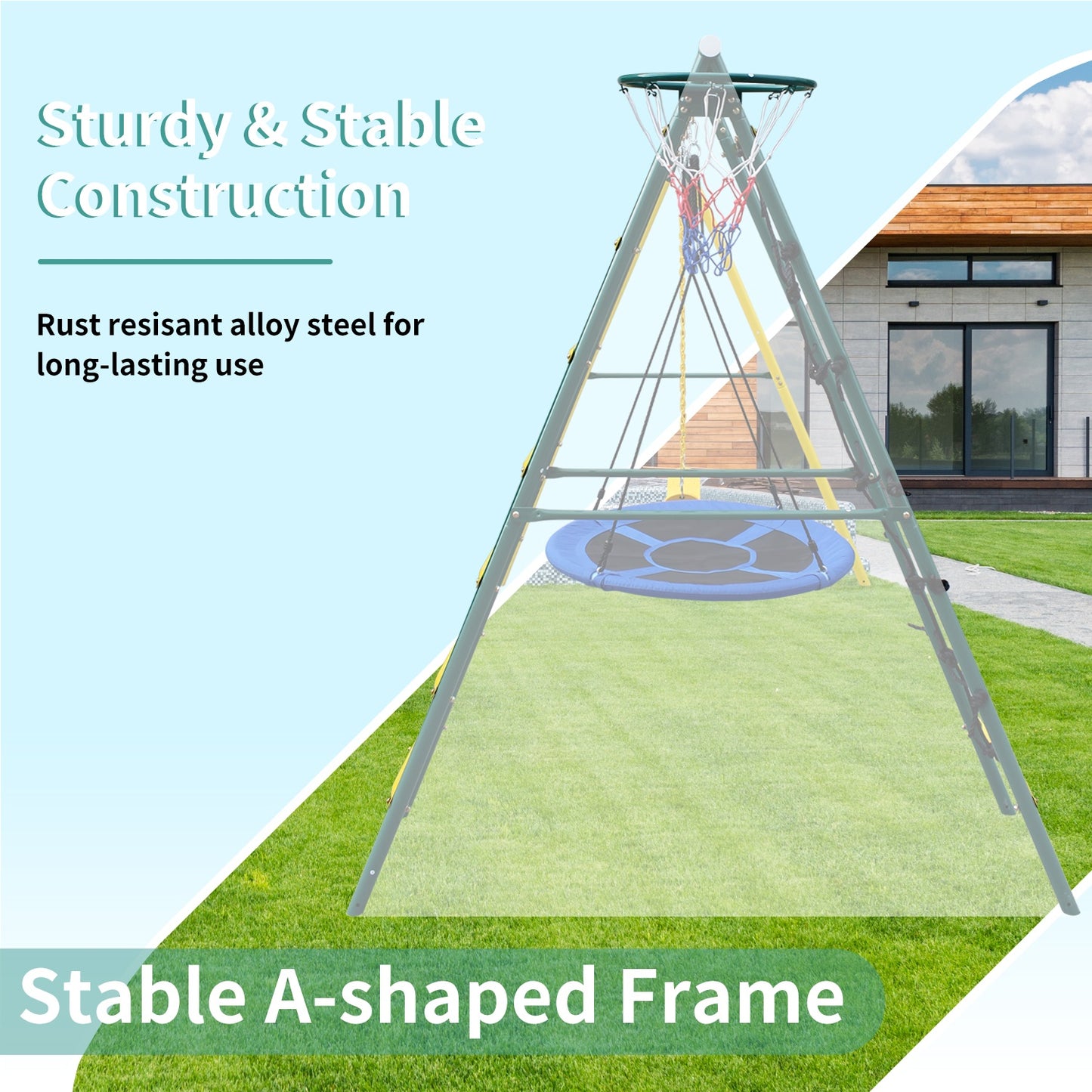 5 in 1 Swing Sets for Backyard, SHINPT Kids Outdoor Playground Equipment with Saucer Swing, A-Frame Heavy Duty Metal Swing Set with Climbing Ladder and Basketball Hoop for Age 3-8, 400 lbs Capacity