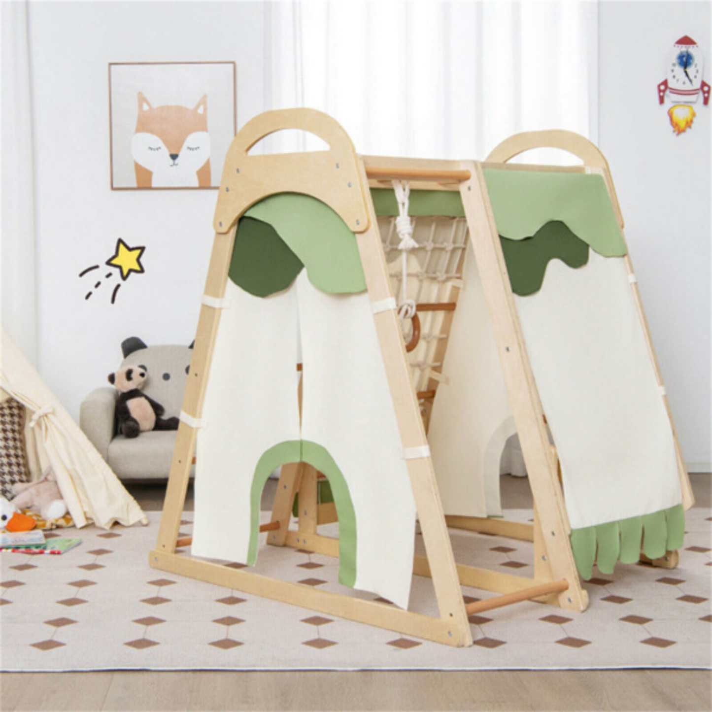 6-in-1Indoor Playground Jungle Gym, Toddlers Triangle Climbing Toys Set with Monkey Bars, Rock Climbing Wall, Gymnasitic Ring, Climbing Net and Ladder, Wooden Montessori Climbing Toys for Kids 1-6