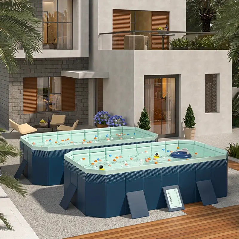 3.0m PVC Foldable Pool Non-Inflatable Swimming Pool for Family Adults Hard Plastic Shell Collapsible Rectangle Swimming Pool for Outside Backyard Patio Beach, 113" × 66" × 20"