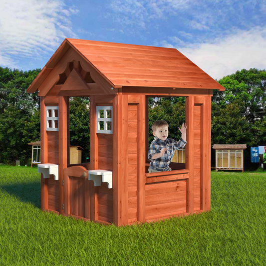 Outdoor Kids Playhouse, Wooden Kids Playhouse Cottage for Kids 3-8 Years, Toddler Outdoor Playset with 2 Windows, Door, Snack Bar and Flowerpot Holder for Backyard, Outdoor Play, Golden