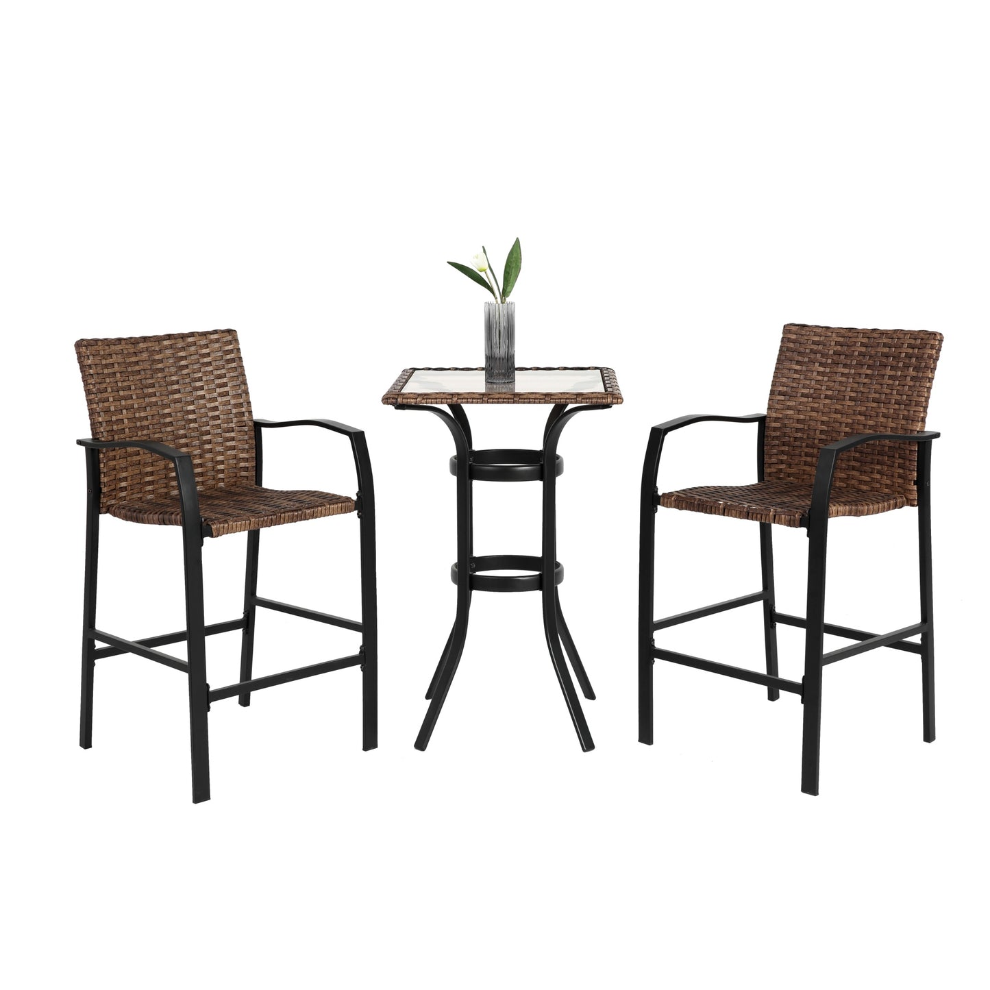 Outdoor Patio Set of 3, SHINPT Tall Bar Stools, 3 Pieces Patio Bar Set with Rattan Bar Chairs, Bistro Set Outdoor with Glass Table Top, Outdoor Bar Set for Backyard, Garden, Pool, Balcony and Deck