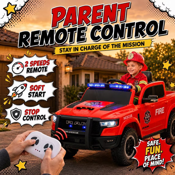 SHINPT Ride on Fire Truck,  RAM1500 12V Electric Fire Truck with Parental Remote, Bluetooth & Siren Lights, 44.49”*26.77”*22.44”Red Kids Ride on Car for Boys Girls Ages 3-8, 36.16lbs