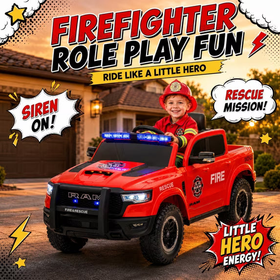 SHINPT Ride on Fire Truck,  RAM1500 12V Electric Fire Truck with Parental Remote, Bluetooth & Siren Lights, 44.49”*26.77”*22.44”Red Kids Ride on Car for Boys Girls Ages 3-8, 36.16lbs