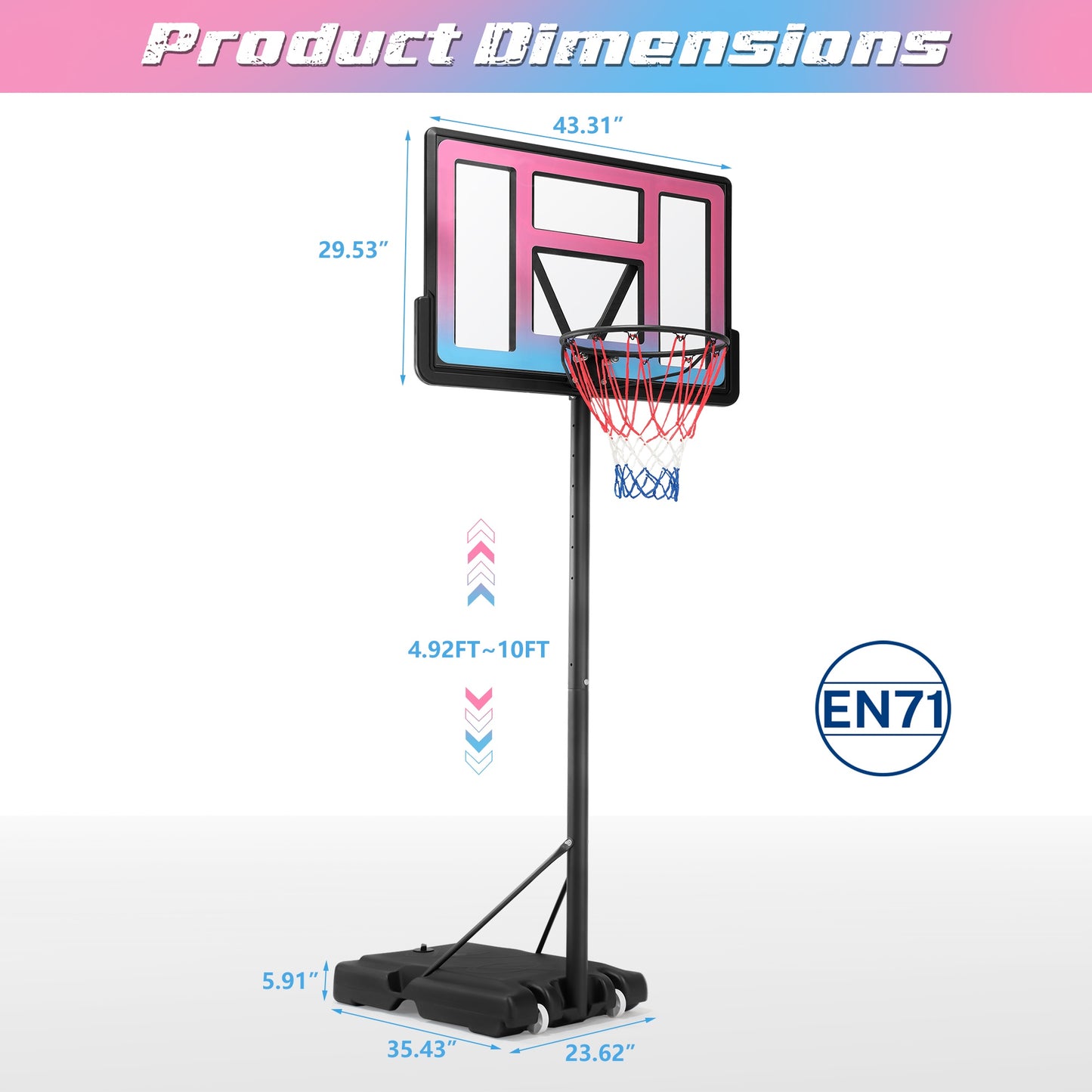 SHINPT 4.9-10ft Height Adjustable Basketball Hoop Outdoor/Indoor, Portable Basketball Hoop with Wheels for Kids Youth and Adults, 44 inch Black Backboard for Backyard, Outdoor Play Equipment