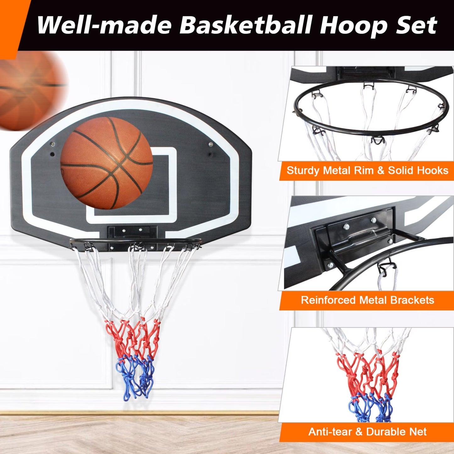 SHINPT Wall Mounted Basketball Hoop, SHINPT 1-Piece Folding Basketball Rim with Shatterproof Backboard, Indoor Outdoor Basketball Goal with All-Weather Net, 28.5 x 18 in, Black, for Garage Backyard Home