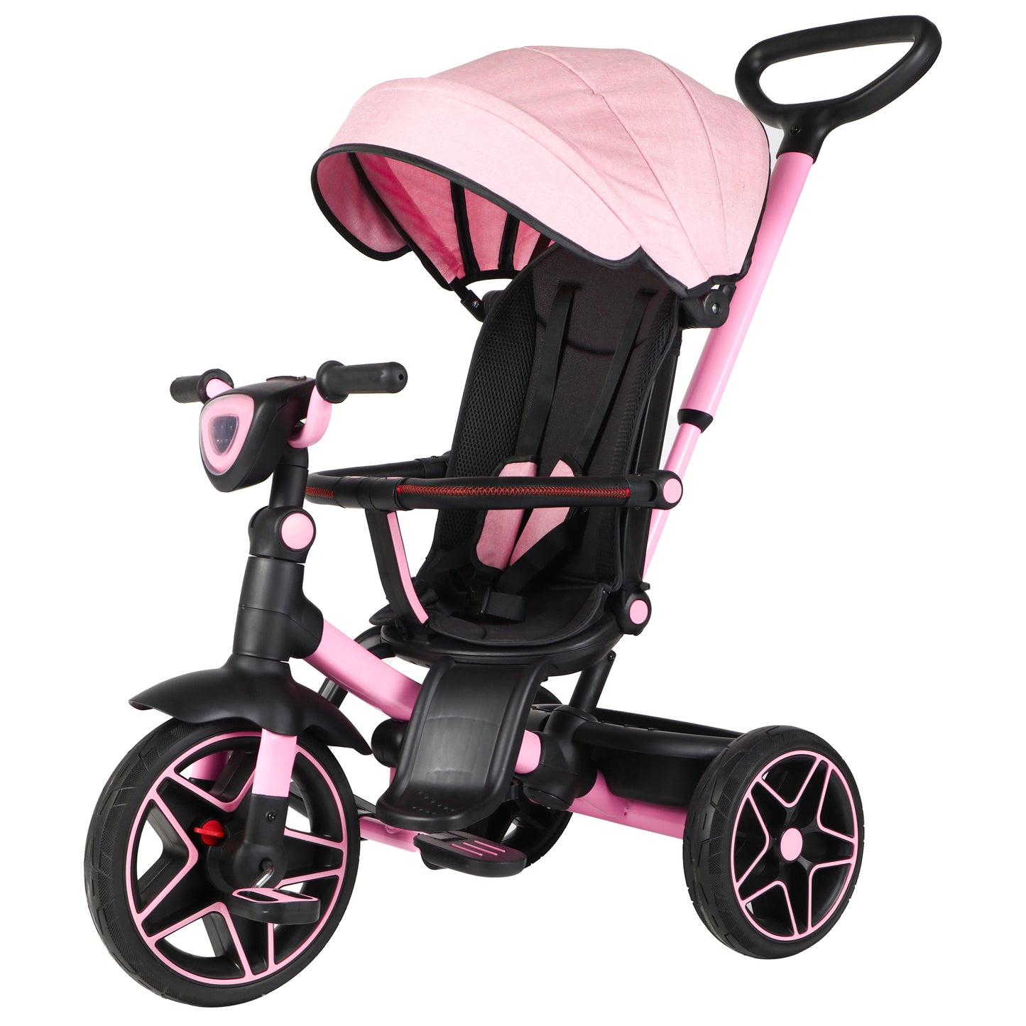 Shinpt 6 in 1 Kids' Baby Tricycle Stroller with 360°Rotatable Seat, Retractable Canopy, Adjustable Push Handle, Detachable Guardrail, and Rear Basket for Toddlers 18 Months to 6 Years，Pink