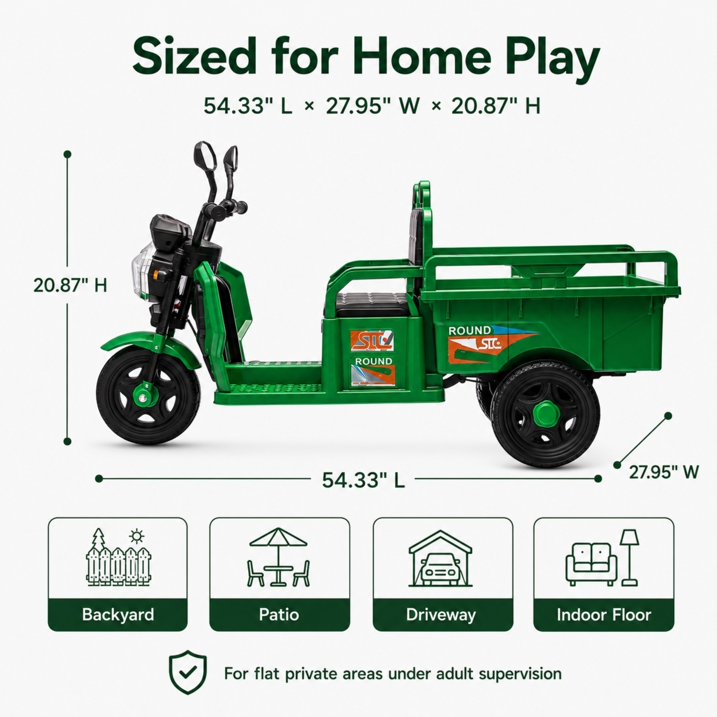 12V Kids Ride on Toy, SHINPT Powered Ride on Car with Large Storage Bed, 3-Wheel Cargo Truck with LED Lights & Music, Wide Seat, Toddler Ride on Toys for Ages 3-6, Green