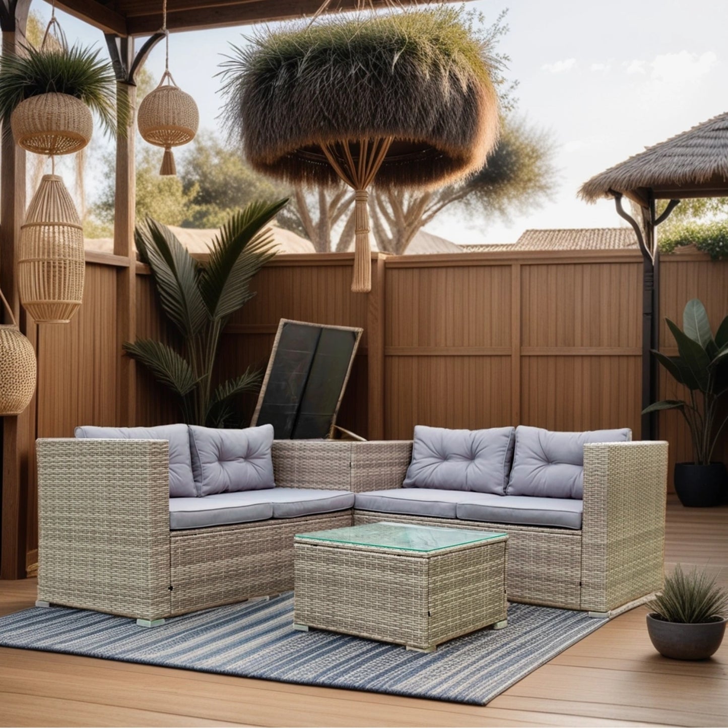 4 Piece Patio Furniture Sets with Glass Table, Rattan Patio Seating Sofa with Storage Box and Thick Cushion, All-Weather Outdoor Wicker Sectional Conversation Sofa for Porch Poolside Backyard Garden