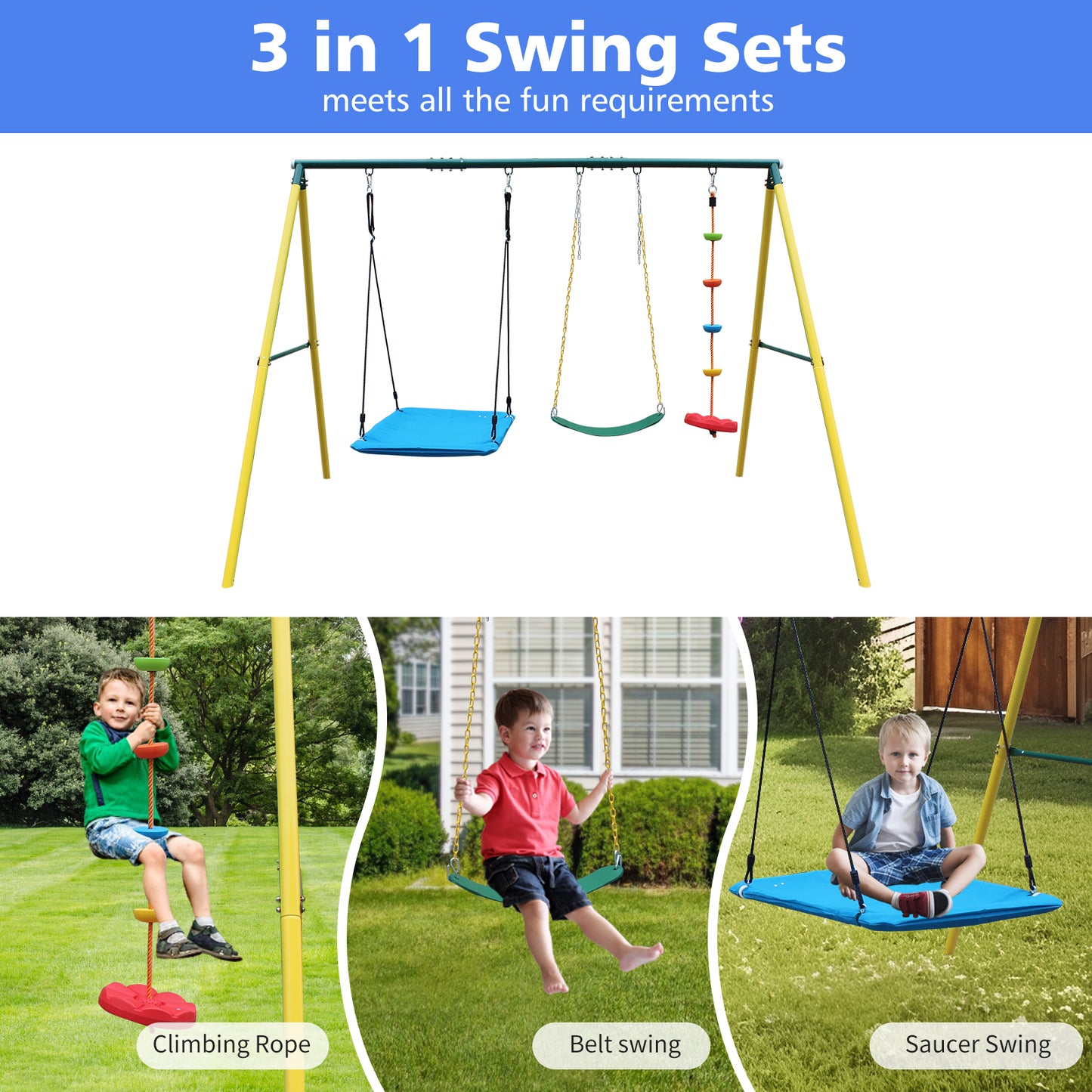 Metal Swing Set for Backyard, SHINPT 3 in 1 Multifunction Swing Set Outdoor for Kids Aged 3-12,Todder Swing Sets with Climbing Rope, Belt Swing and Saucer Swing for Playground, Park, 300lbs Capacity