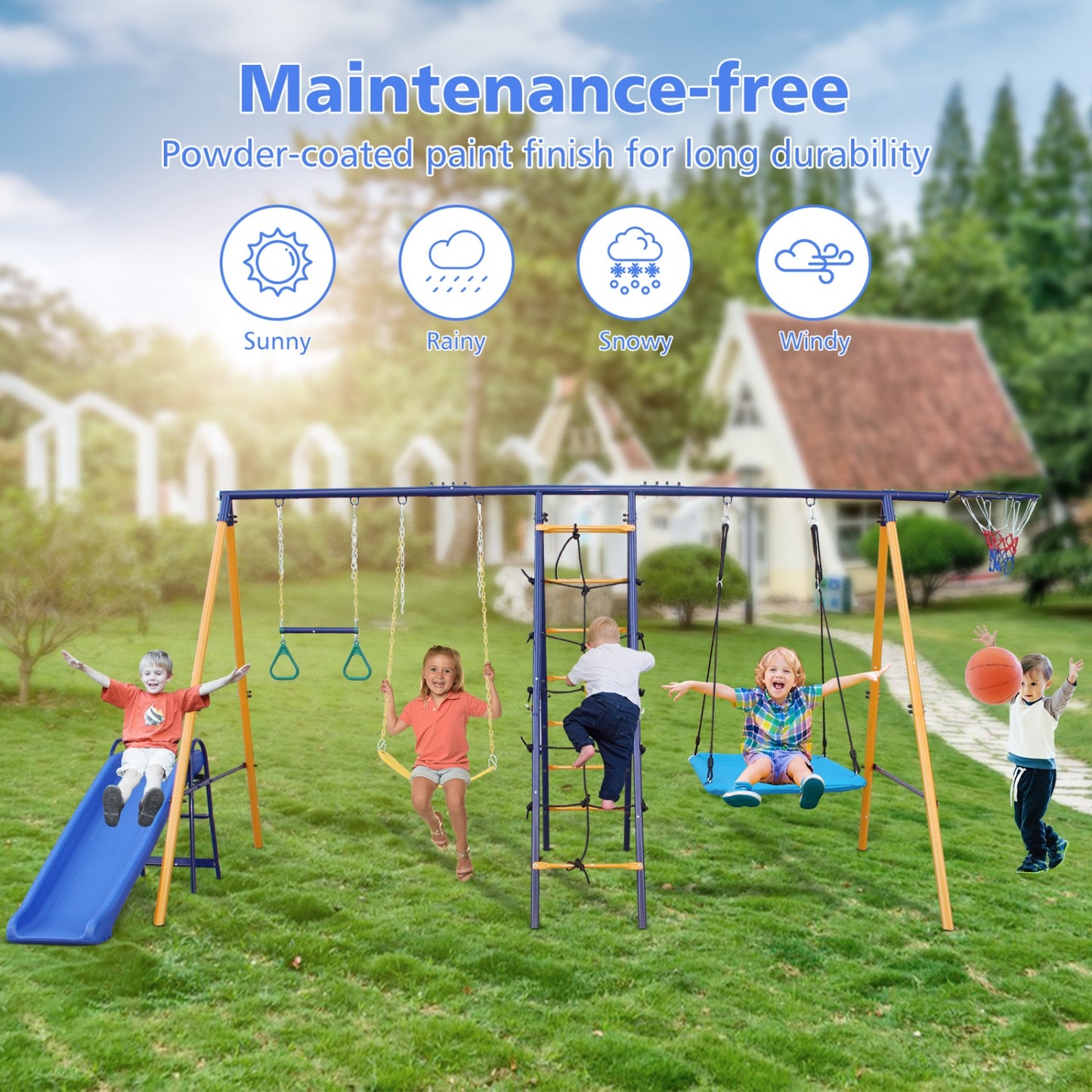 7 in 1 Swing Set for Backyard, SHINPT Playground Swing Sets with Slide, 2 Swing Seats, Outdoor Multifunction Playsets for Kids with 1 Gym Ring, 1 Basket, 1 Climbing Net & Ladder, 500 lbs Capacity