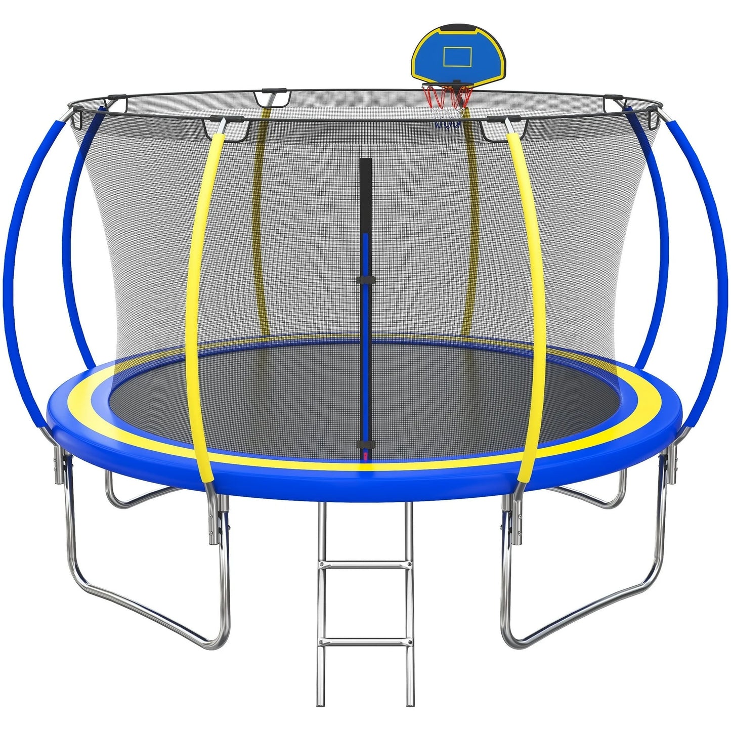 SHINPT 10FT Trampoline for Kids with Safety Enclosure Net, Basketball Hoop and Ladder, Easy Assembly Outdoor Recreational Trampoline, Pumpkin-shaped Trampoline with Anti Rust Coating for Garden