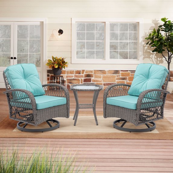BTMWAY 3 Pieces Outdoor Swivel Rocker Patio Chairs, 360 Degree Rocking Patio Conversation Set with Thickened Cushions and Glass Coffee Table for Backyard