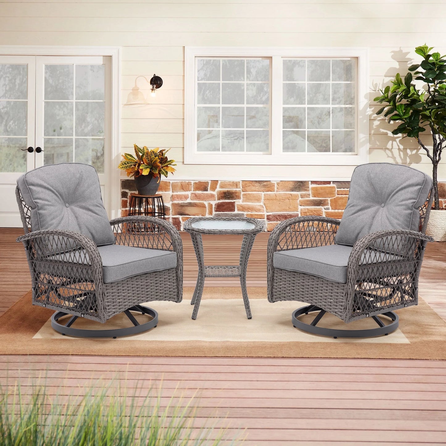 BTMWAY 3 Pieces Outdoor Swivel Rocker Patio Chairs, 360 Degree Rocking Patio Conversation Set with Thickened Cushions and Glass Coffee Table for Backyard