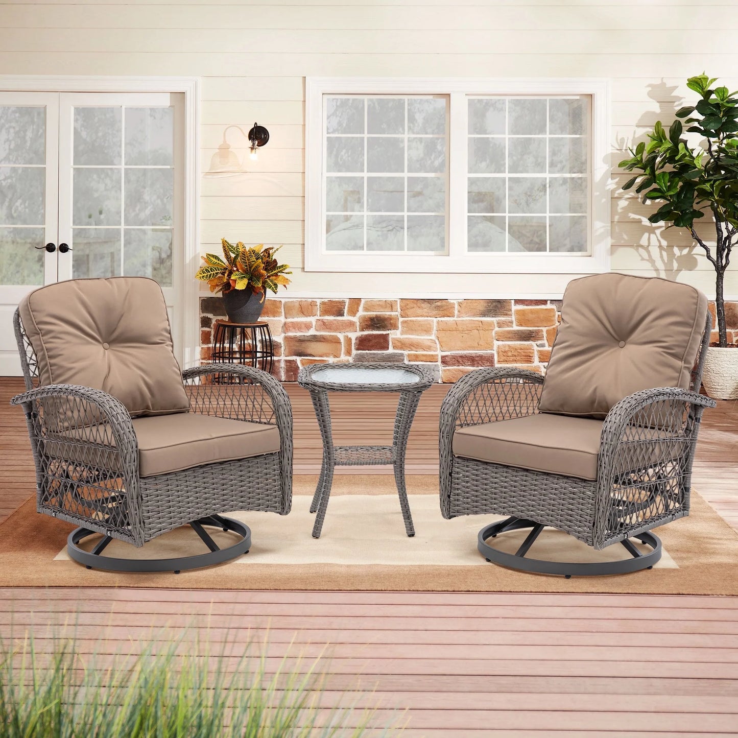 BTMWAY 3 Pieces Outdoor Swivel Rocker Patio Chairs, 360 Degree Rocking Patio Conversation Set with Thickened Cushions and Glass Coffee Table for Backyard