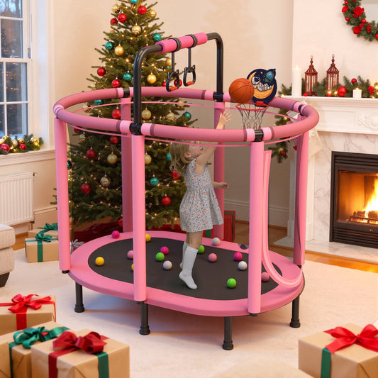 60" Toddler Trampoline with Enclosure Net, Kids Trampoline with Basketball Hoop, SHINPT Indoor Trampoline for Kids, Small Trampoline with Ocean Balls, Mini Trampoline with Rings, Gift for Boys Girls