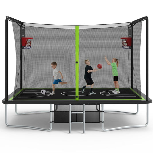 SHINPT 8 ×12 ft Rectangle Trampoline for Kids and Adult, Rectangular trampoline with 2 Basketball Hoops, Outdoor Big Trampoline with 360 Degree Safety Net, Square Trampoline with 4 W-Legs