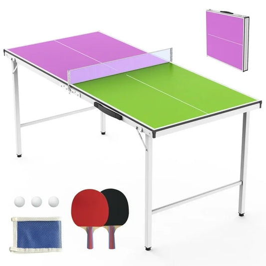 SHINPT 5ft Portable Ping Pong Table, Foldable Mid-Size and 100% Pre-Assembled Weatherproof Indoor/Outdoor Table Tennis with Net for Adults/Teens, 2 Table Tennis Paddles and 3 Balls, Colorful Surface