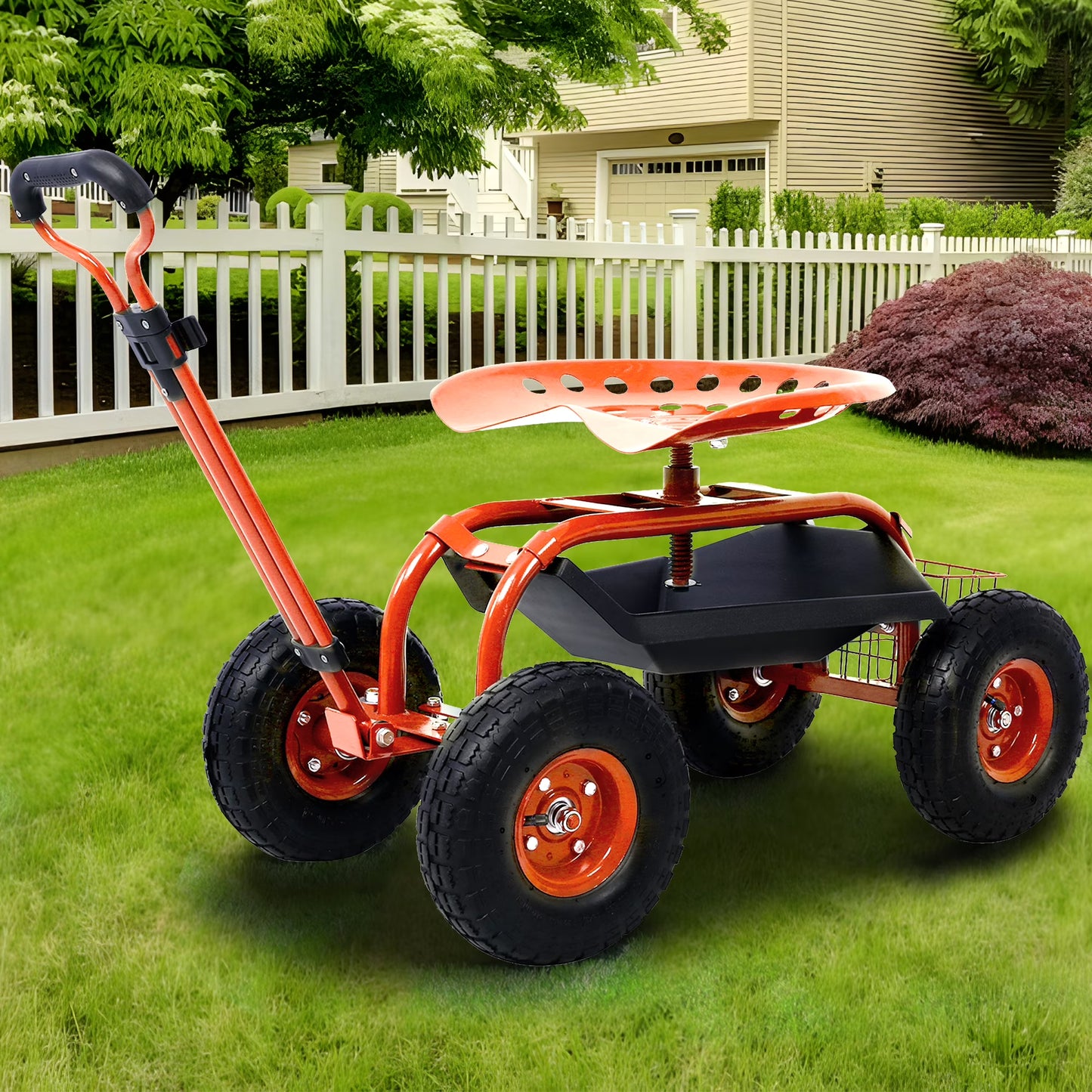 Garden Cart Rolling Scooter, SHINPT Patio Gardening Stool Work Seat with Tool Tray, Garden Cart with Wheel Extendable Handle for Seniors, 360 Swivel Seat & Utility Basket