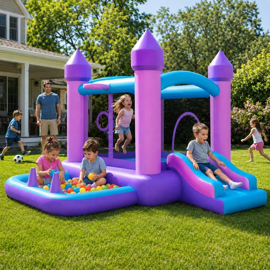 SHINPT Bounce House for Kids 3-10 with Slide, 6-in-1 Inflatable Bounce House for Indoor Outdoor Backyard, Quick Inflate Bouncy House with  Blower, 420D Oxford Bounce Castle for Birthday Party, Purple