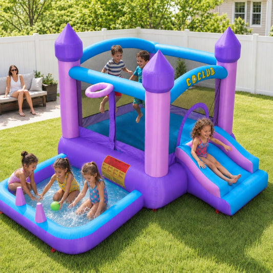 SHINPT Bounce House for Kids 3-10 with Slide, 6-in-1 Inflatable Bounce House for Indoor Outdoor Backyard, Quick Inflate Bouncy House with  Blower, 420D Oxford Bounce Castle for Birthday Party, Purple