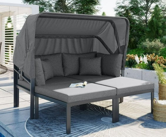 3 Pieces Patio Furniture Set with Couch Chairs and Retractable Canopy, Shinpt Outdoor Daybed with 520lbs Weight Capacity for Backyard and Poolside, Grey