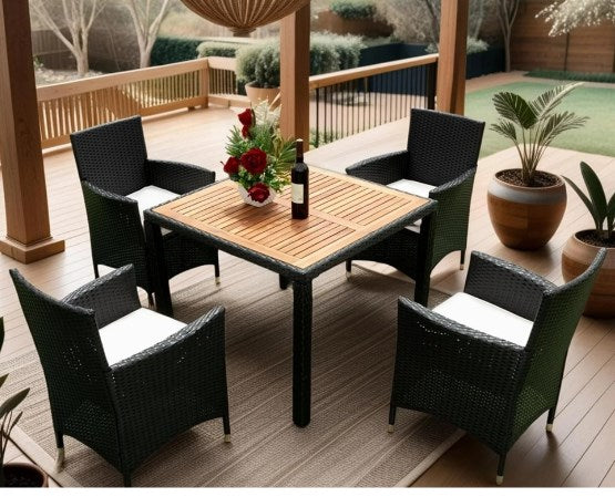 Shinpt 5 Piece Outdoor Patio Wicker Dining Set with Acacia Wood Top Black Wicker + Creme Cushion, Wicker Patio Furniture Dining Set for Backyard, Deck and Garden, Brown Rattan