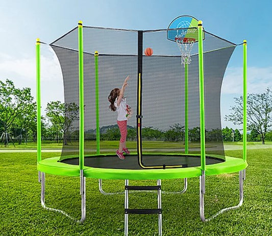 10FT Heavy Duty Backyard Metal Trampoline for Kids and Aduils, Shinpt Outdoor Trampoline with 220Lbs Load Capitly, Trampoline with Safe Padded Frame with Enclosure Net, 4 Legs & 8 Poles, Green