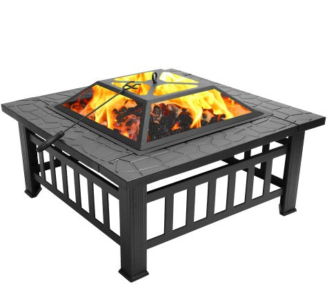 32" Heavy Duty Fire Pit Table with with Metal Fireplaces for Outdoor Heating, Entertaining and Picnic, Camping Fire Pit Table with Spark Screen Lid