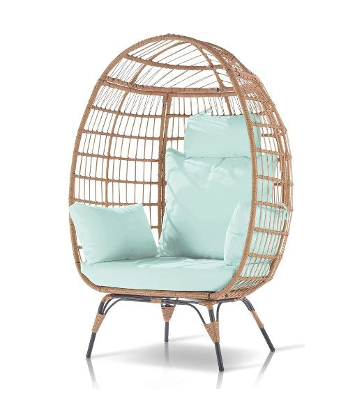 Shinpt High Wicker Egg Chair With 5 Cushions, Oversized Indoor Outdoor Lounger for Patio, Backyard, Living Room Steel Frame, Light Blue