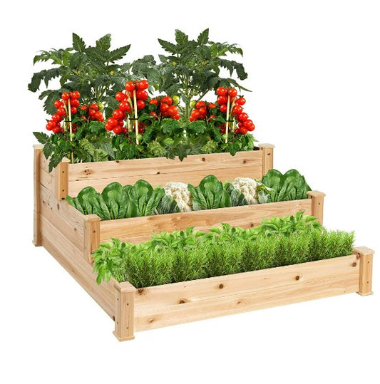Shinpt 3-Tier Fir Wood Planting Raised Garden Bed, Horticulture Flower Box with Stackable & Flat Arrangement, Wooden Growing Planter for Backyard and Garden, Easy Assembly - Natural(48x48.6×21in)