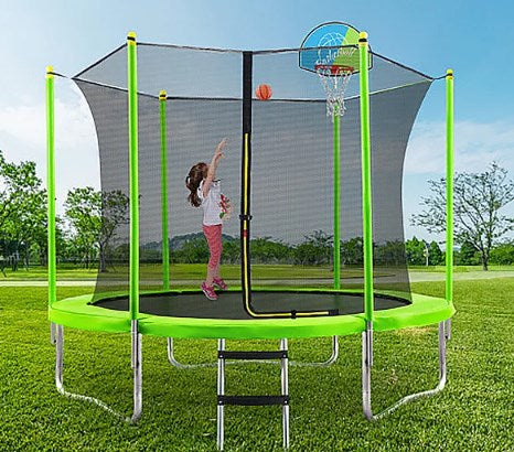 10FT Outdoor Trampoline with 4 Legs & 8 Poles, Shinpt Heavy Duty Backyard Metal Trampoline for Kids & Adults with 220Lbs Load Capitly, Trampoline with Safe Padded Frame with Enclosure Net, Green