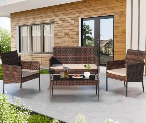 Shinpt Patio Furniture Set 4 Pieces, Rattan Balcony Sets for Graden and Lawn, Outdoor Conversation Sets with Rattan Chair, Wicker Sofa and Glass Coffee Table, Brown