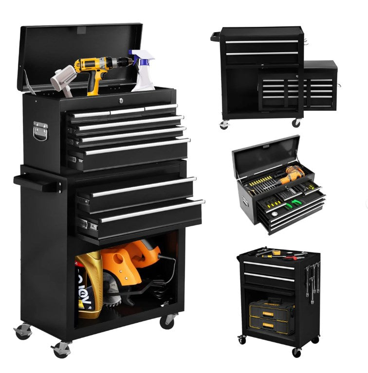 8-Drawer Tool Chest, High Capacity Rolling Tool Storage Cabinet with Detachable Top Tool Box, Universal Lockable Wheels, Adjustable Shelf, Locking Mechanism, Metal Tool Cart for Workshop