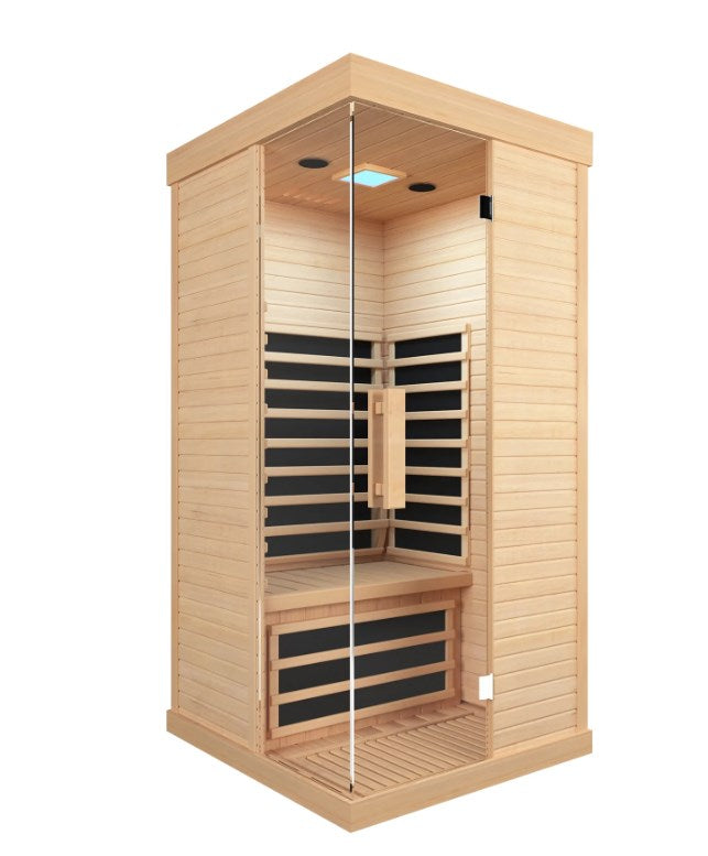 Infrared Sauna with Colorful Ambient Lighting and 2 Bluetooth Players, Home Sauna with A Weight Capacity of 330 LBS, Canadian Hemlock Single Sauna Room, Ancient Oak, 2.8’ x 2.8’ x 5.9’