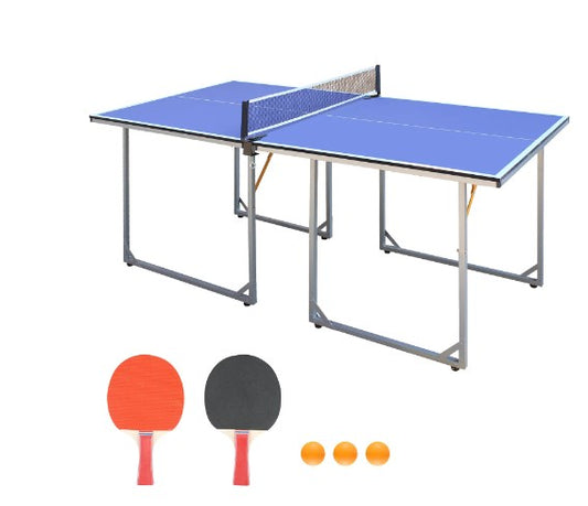 6Ft Foldable Table Tennis Game Set, Mid-Size Ping Pong Table, Indoor/Outdoor Portable Table Tennis Table Set with Ping Pong Net, 2 Table Tennis Paddles and 3 Balls, Sliver+Blue