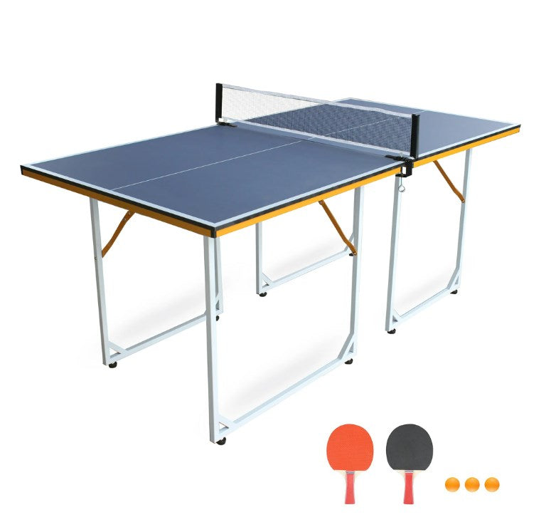 6Ft Foldable Table Tennis Game Set, Mid-Size Ping Pong Table, Indoor/Outdoor Portable Table Tennis Table Set with Ping Pong Net, 2 Table Tennis Paddles and 3 Balls, Sliver+Cyan