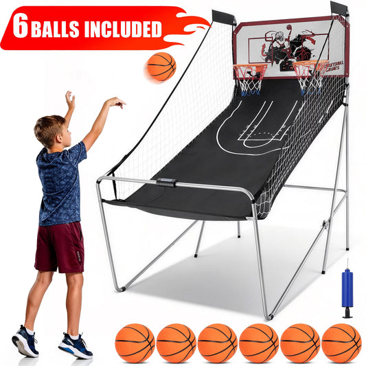 SHINPT Electronic Basketball Arcade Game, 2 Player Indoor Basketball Arcade Game for Kids Adults, Foldable Arcade Basketball with 8 Game Modes,  Electronic Scorer, Basketball Hoop, 6 Balls, Air Pump