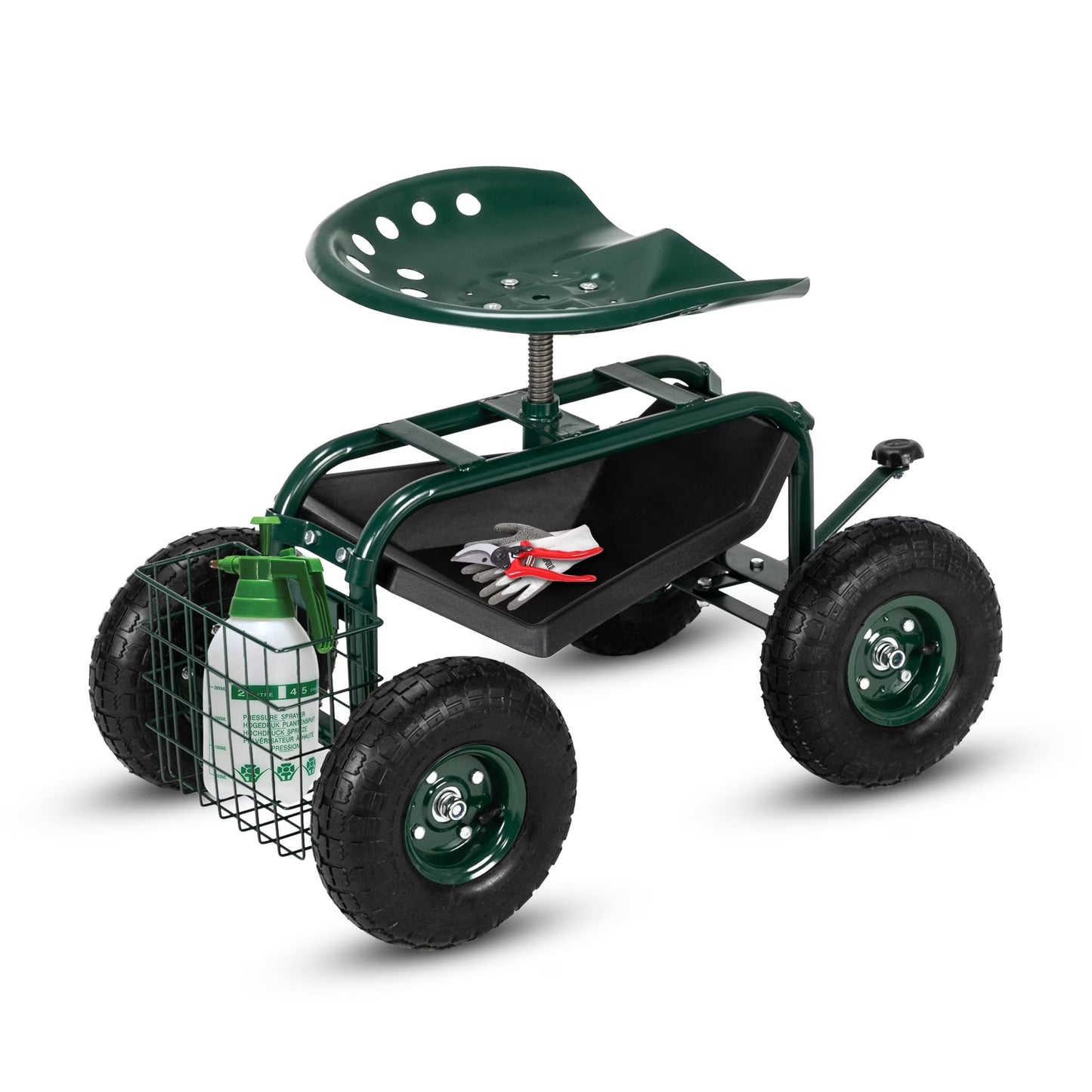 Garden Cart Rolling Scooter, SHINPT Patio Gardening Stool Work Seat with Tool Tray, Garden Cart with Wheel Extendable Handle for Seniors, 360 Swivel Seat & Utility Basket