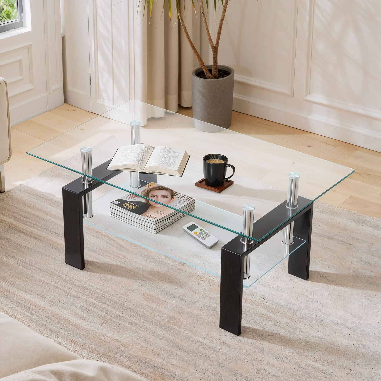 SHINPT Glass Coffee Table with Storage, Rectangle Coffee Table with Metal Legs for Living Room, Modern Coffee Table with Tempered Glass Tabletop, Center Table for Small Apartment, Office