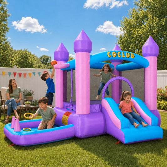 SHINPT Inflatable Bounce House for Kids, 6-in-1 Bounce House w/480W Air Blower, Indoor Outdoor Bouncy Castle Jump House w/Slide, Crawl-Thru Door & Net, Dartboard, Basketball Hoop, Football Goal