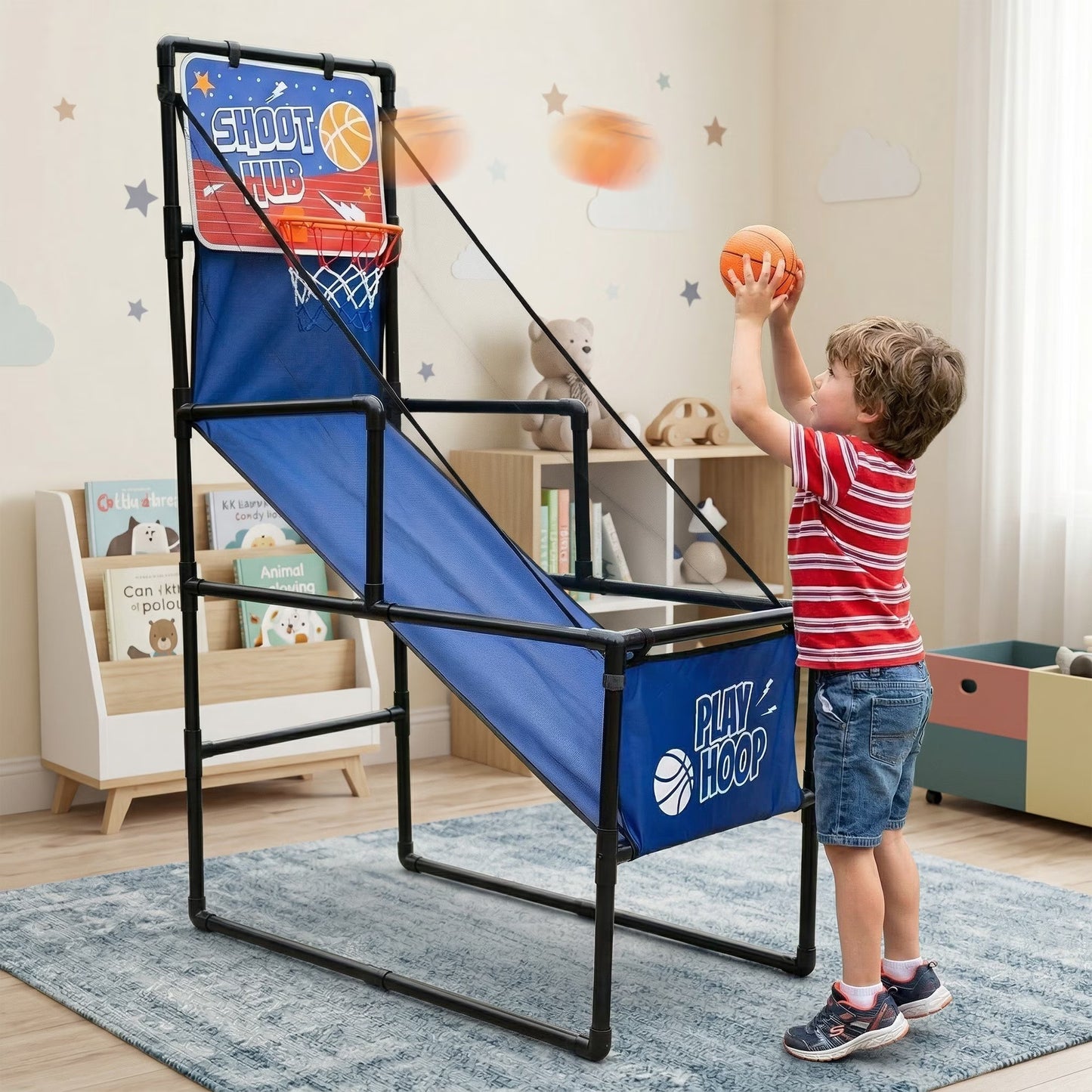 Kids Basketball Hoop With Ball, SHINPT Single Shot Basketball Arcade Game with 2 Balls, Pump and durable Tube. Indoor Basketball Hoop Set for Toddlers and Children, 55 in Foldable Sports Toy, Blue