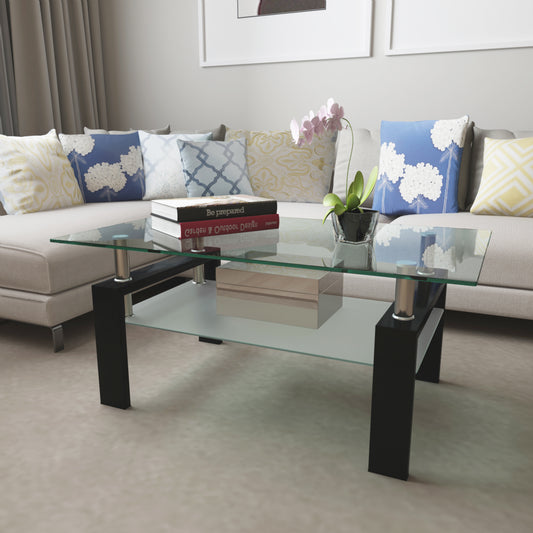 SHINPT Rectangle Coffee Table with Storage, Glass Coffee Table with Metal Legs for Living Room, Modern Coffee Table with Tempered Glass Tabletop, Center Table for Small Apartment, Office