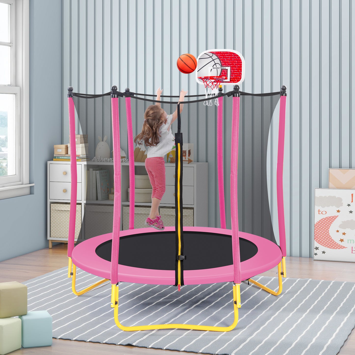 5.5ft Toddler Trampoline with Basketball Hoop, Shinpt Mini Trampoline for Kids, 65" Outdoor Trampoline with Enclosure Net, Round Trampoline for Patio, Backyard, Indoor