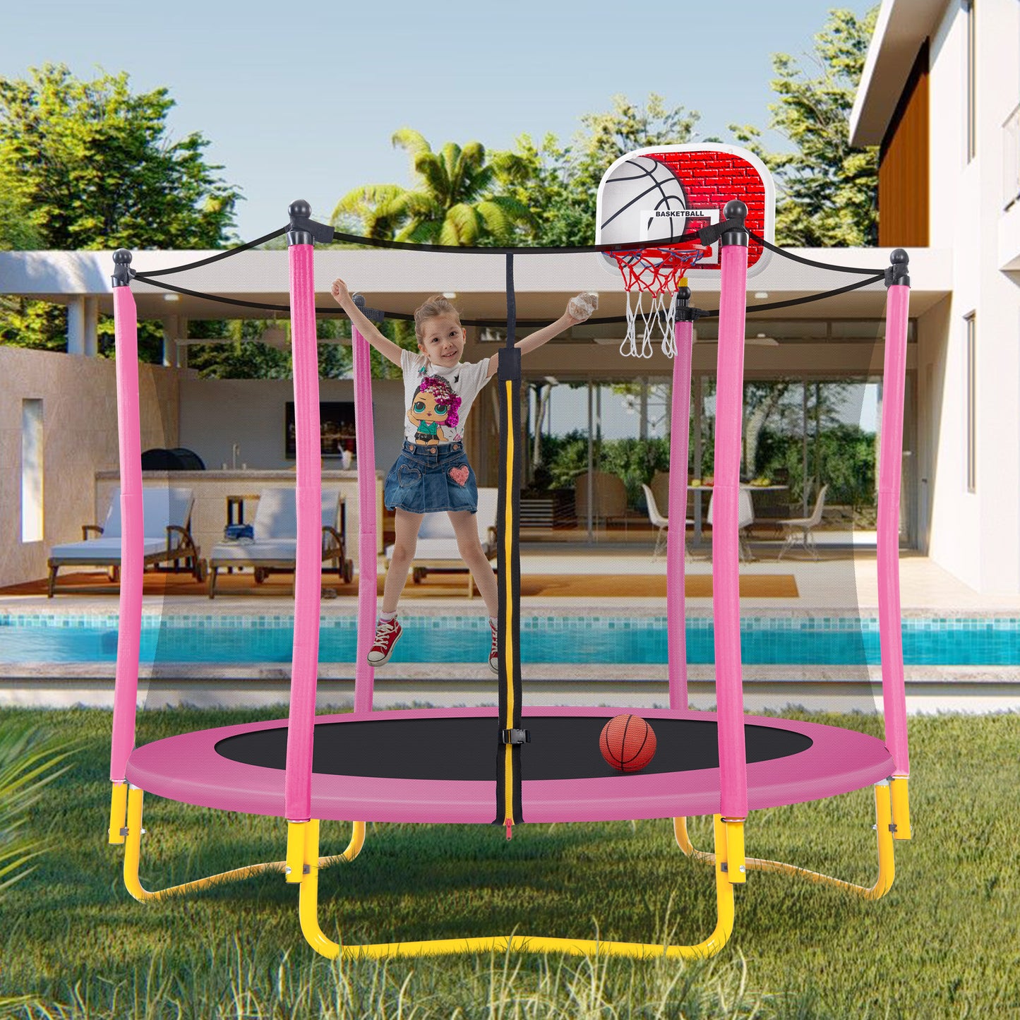 5.5ft Toddler Trampoline with Basketball Hoop, Shinpt Mini Trampoline for Kids, 65" Outdoor Trampoline with Enclosure Net, Round Trampoline for Patio, Backyard, Indoor